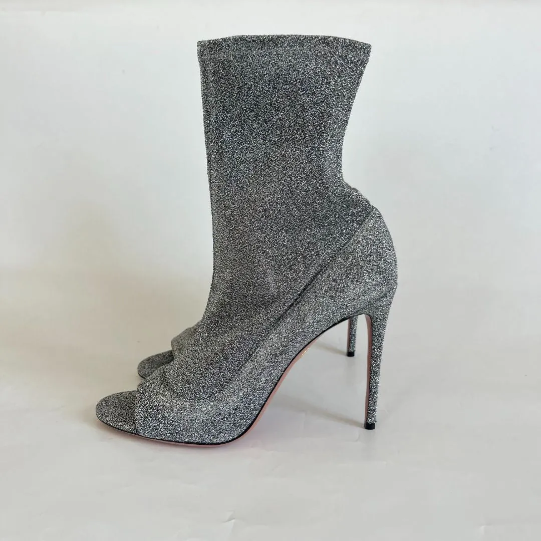 Aquazzura Silver Lurex Fabric Eclair Peep Toe Ankle Boots Size 41