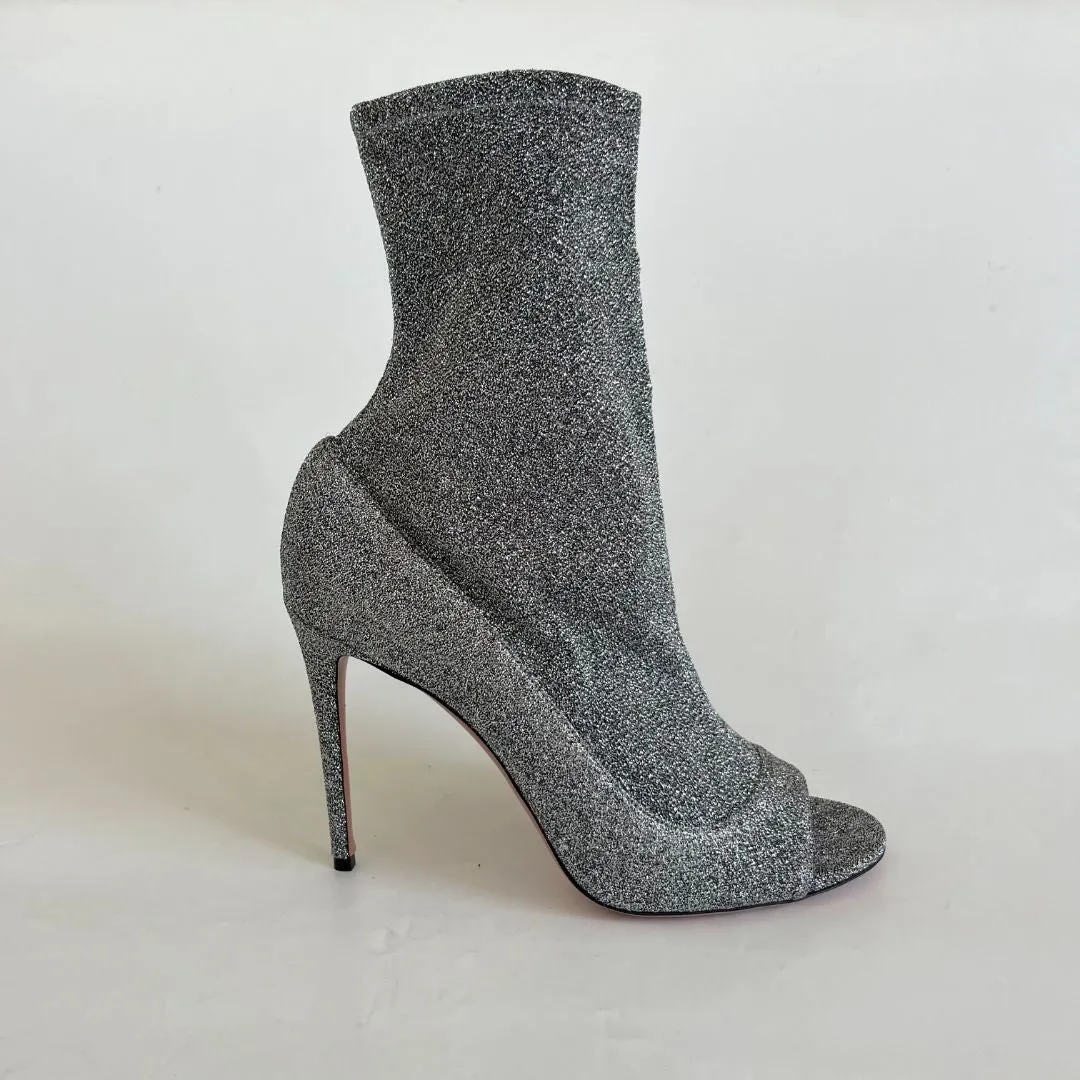 Aquazzura Silver Lurex Fabric Eclair Peep Toe Ankle Boots Size 41