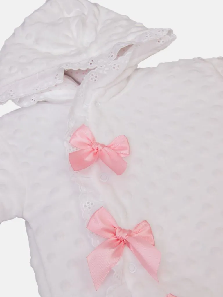 Baby Girl Bubble Hooded Pramsuit with Booties - White