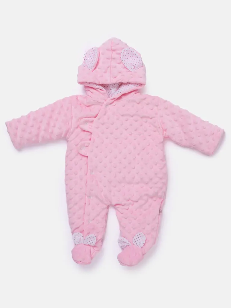 Baby Girl Bunny-Bubble Hood Pramsuit with Booties - Baby Pink