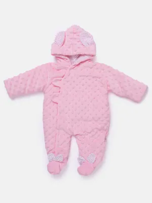 Baby Girl Bunny-Bubble Hood Pramsuit with Booties - Baby Pink