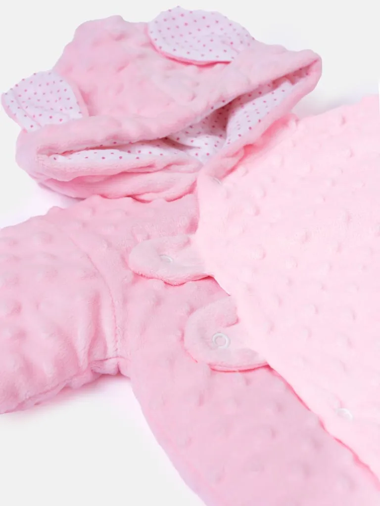 Baby Girl Bunny-Bubble Hood Pramsuit with Booties - Baby Pink