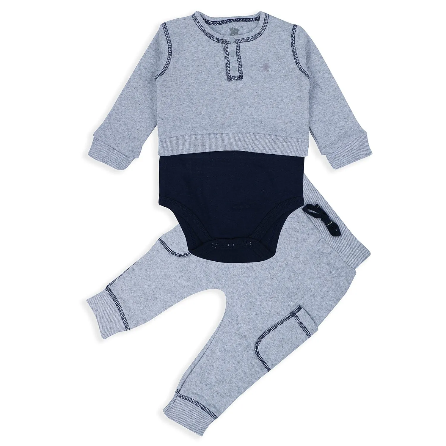 Baby Moo Solid Stretchable Jogger with Full Sleeve Onesie And Booties Gift Set - Grey
