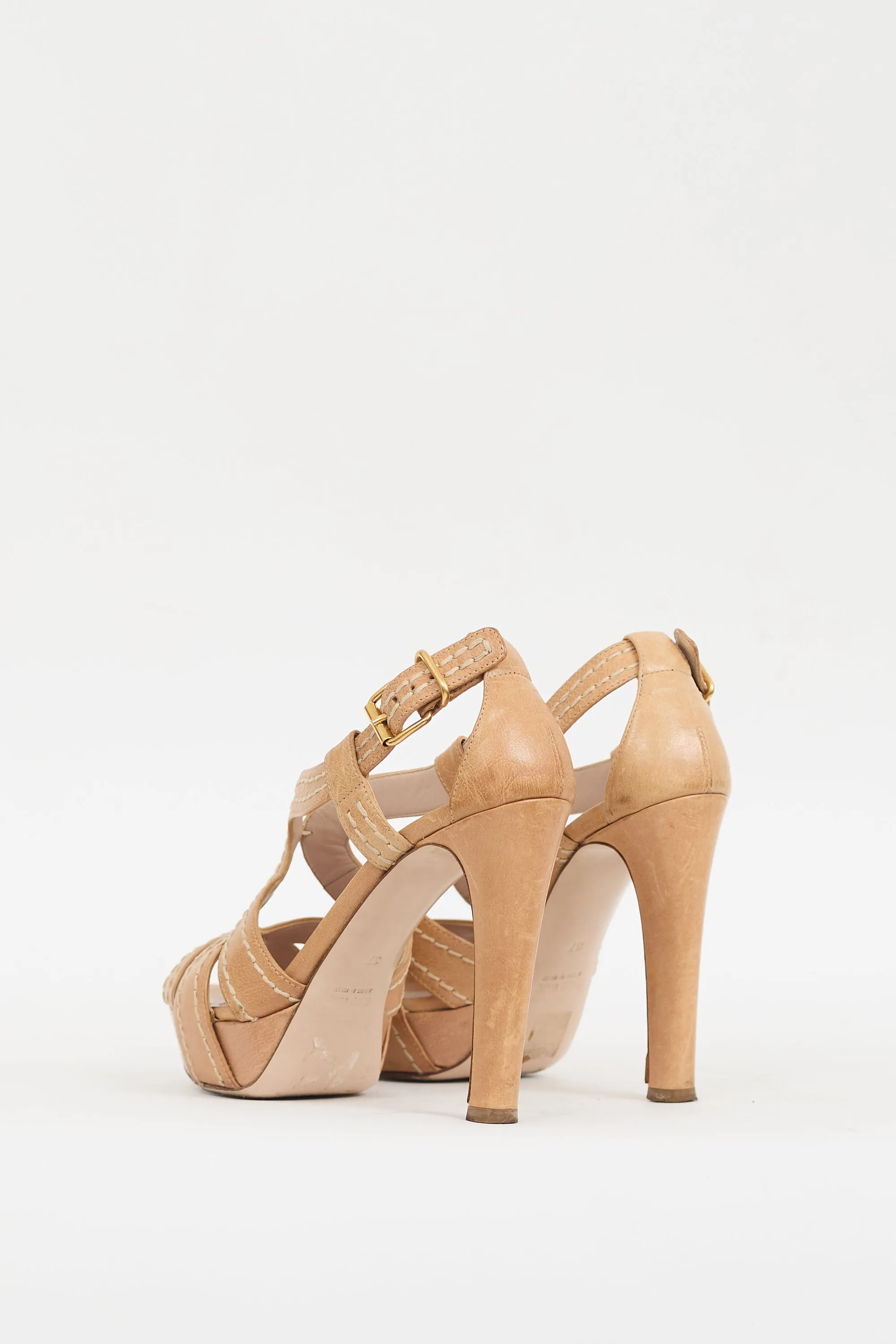 Beige Leather Cutout Platform Heel