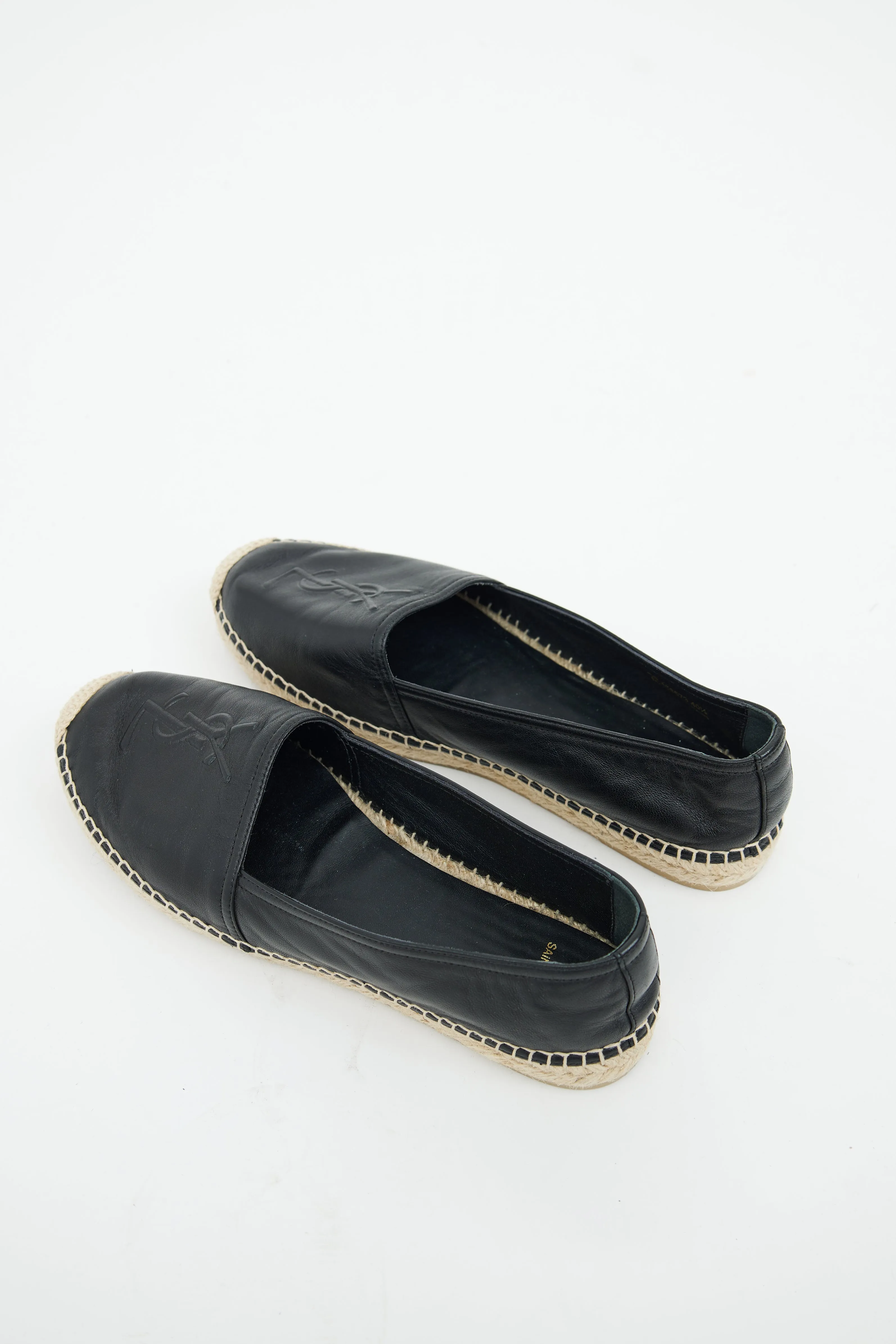 Black Leather Cassandre Logo Espadrille