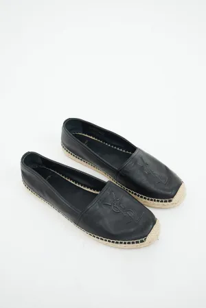 Black Leather Cassandre Logo Espadrille