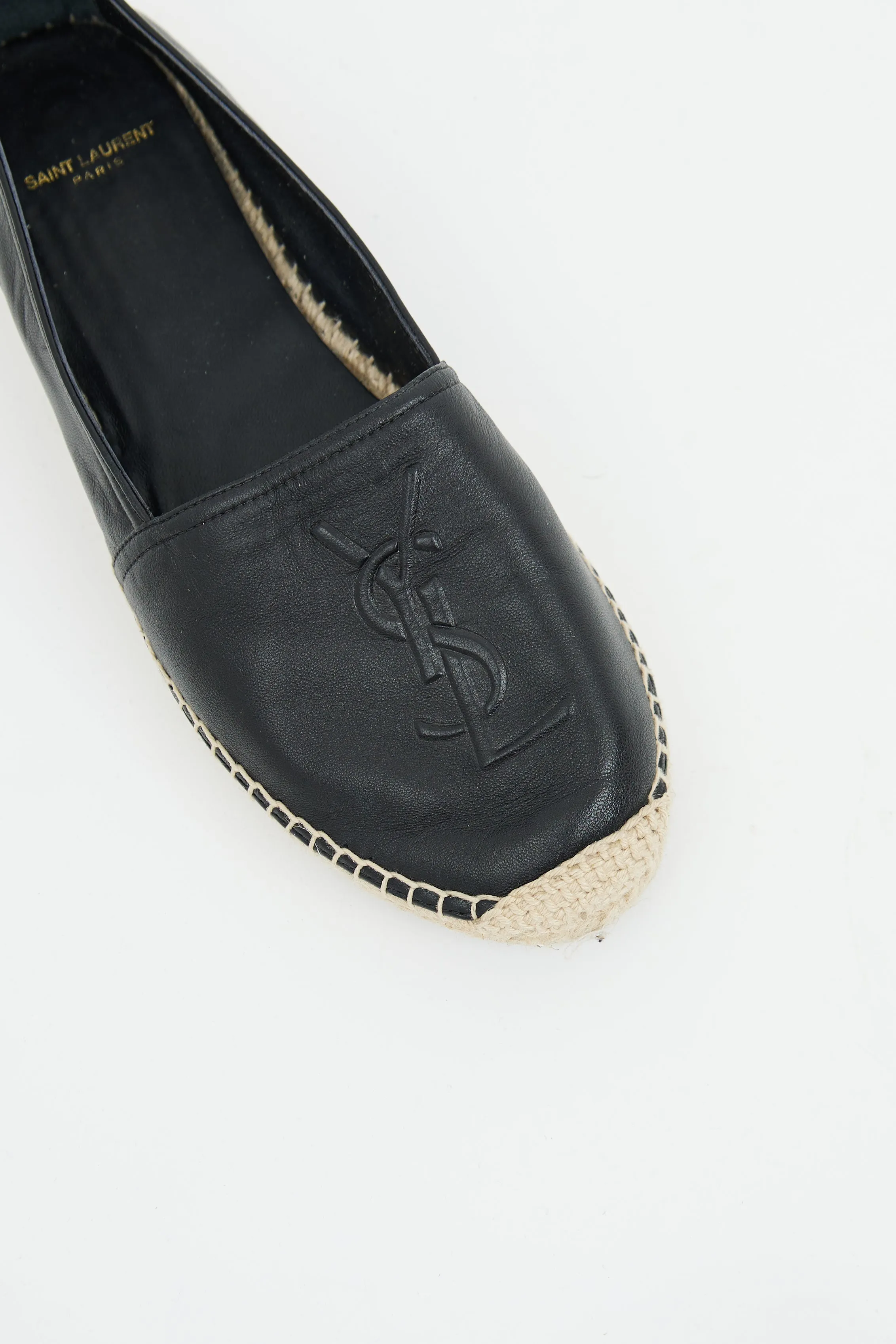Black Leather Cassandre Logo Espadrille