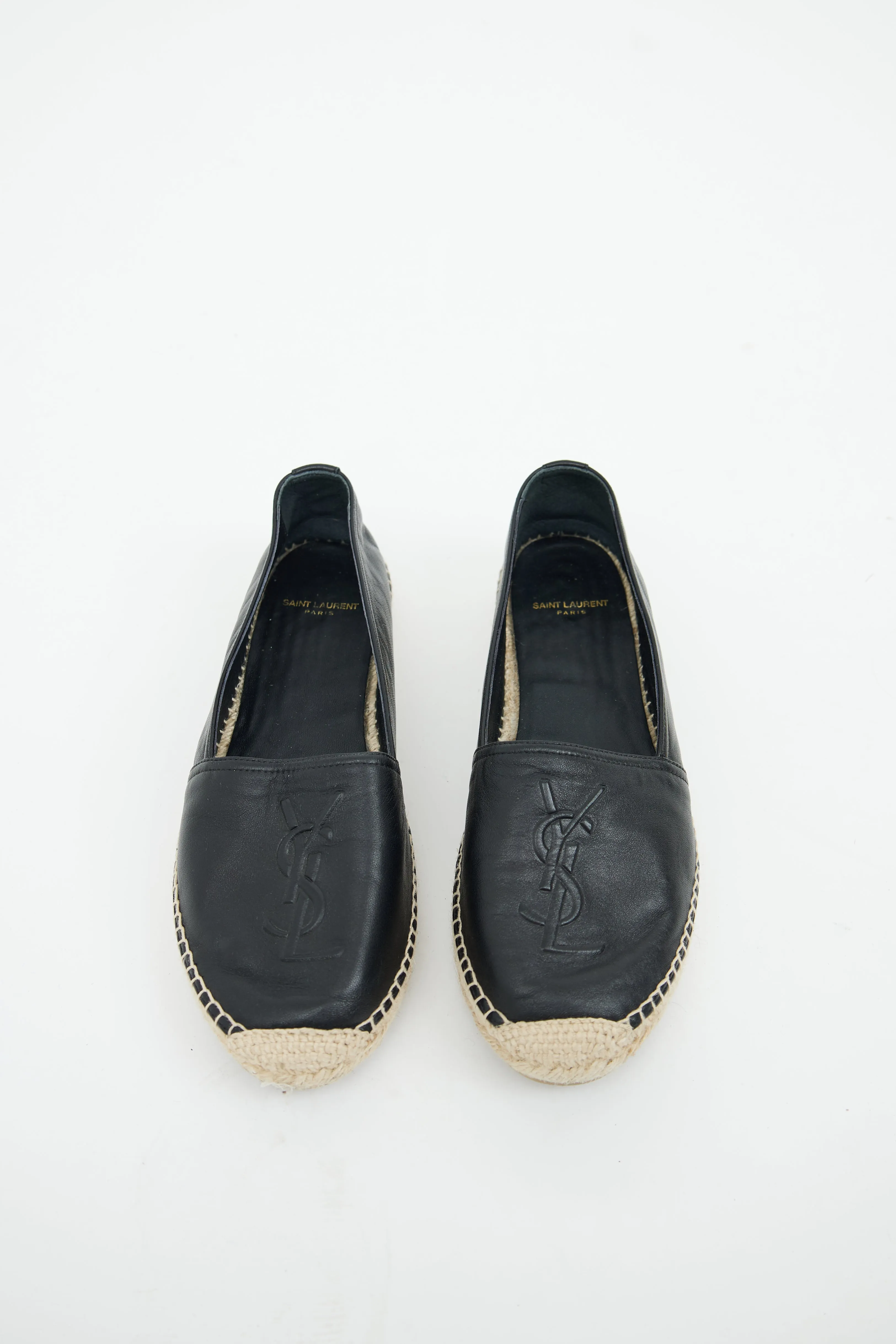 Black Leather Cassandre Logo Espadrille