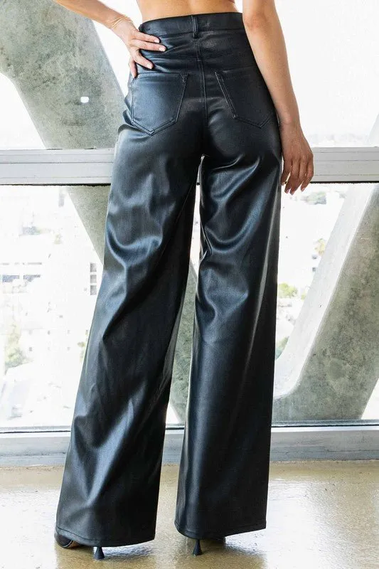 Black Vegan Leather Wide Leg Pants