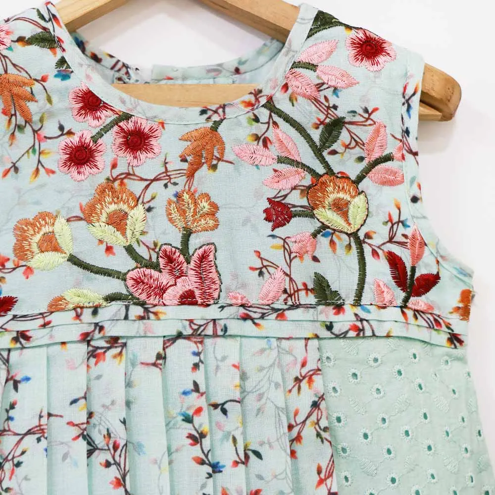 Blue Floral Embroidered Pleated Cotton Dress