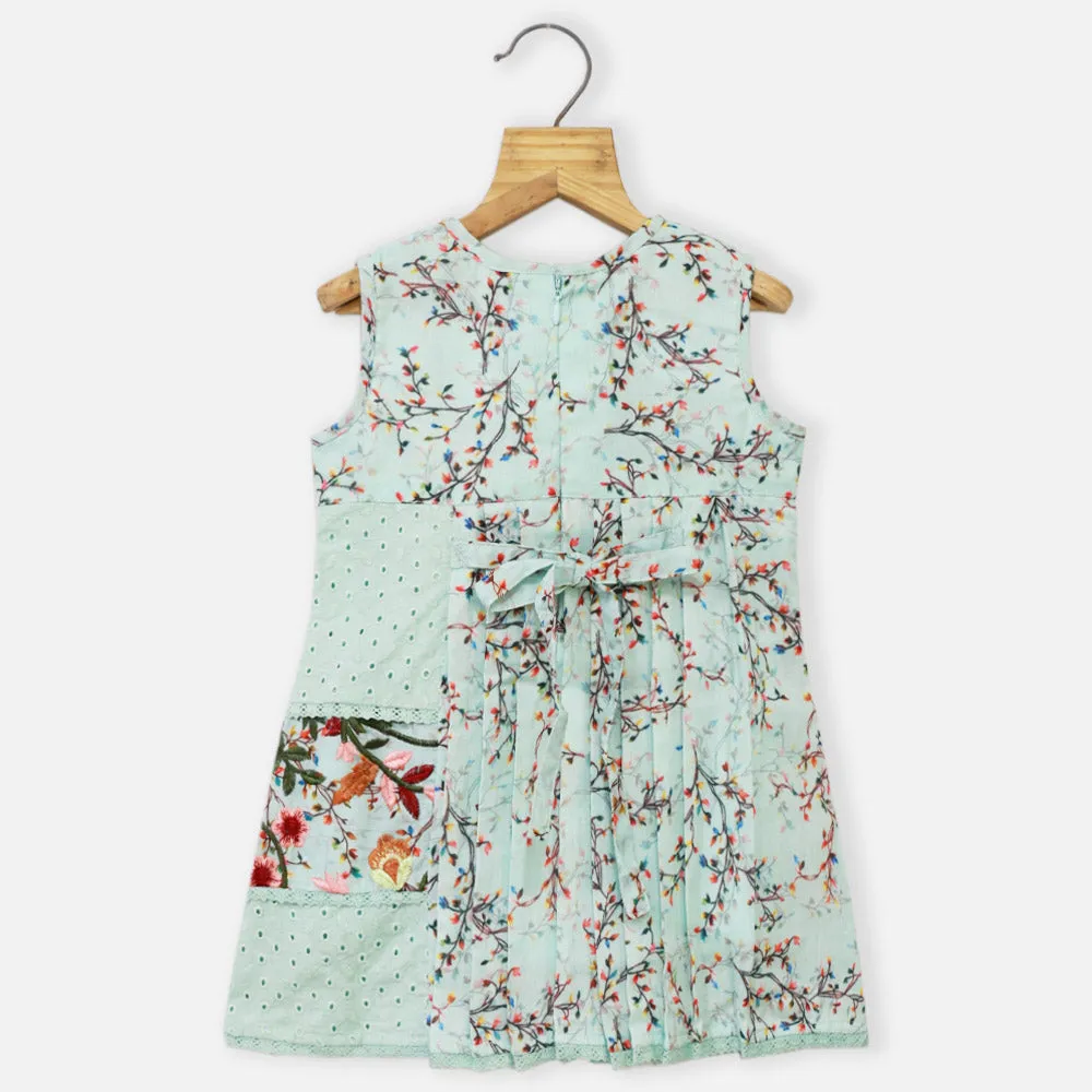Blue Floral Embroidered Pleated Cotton Dress
