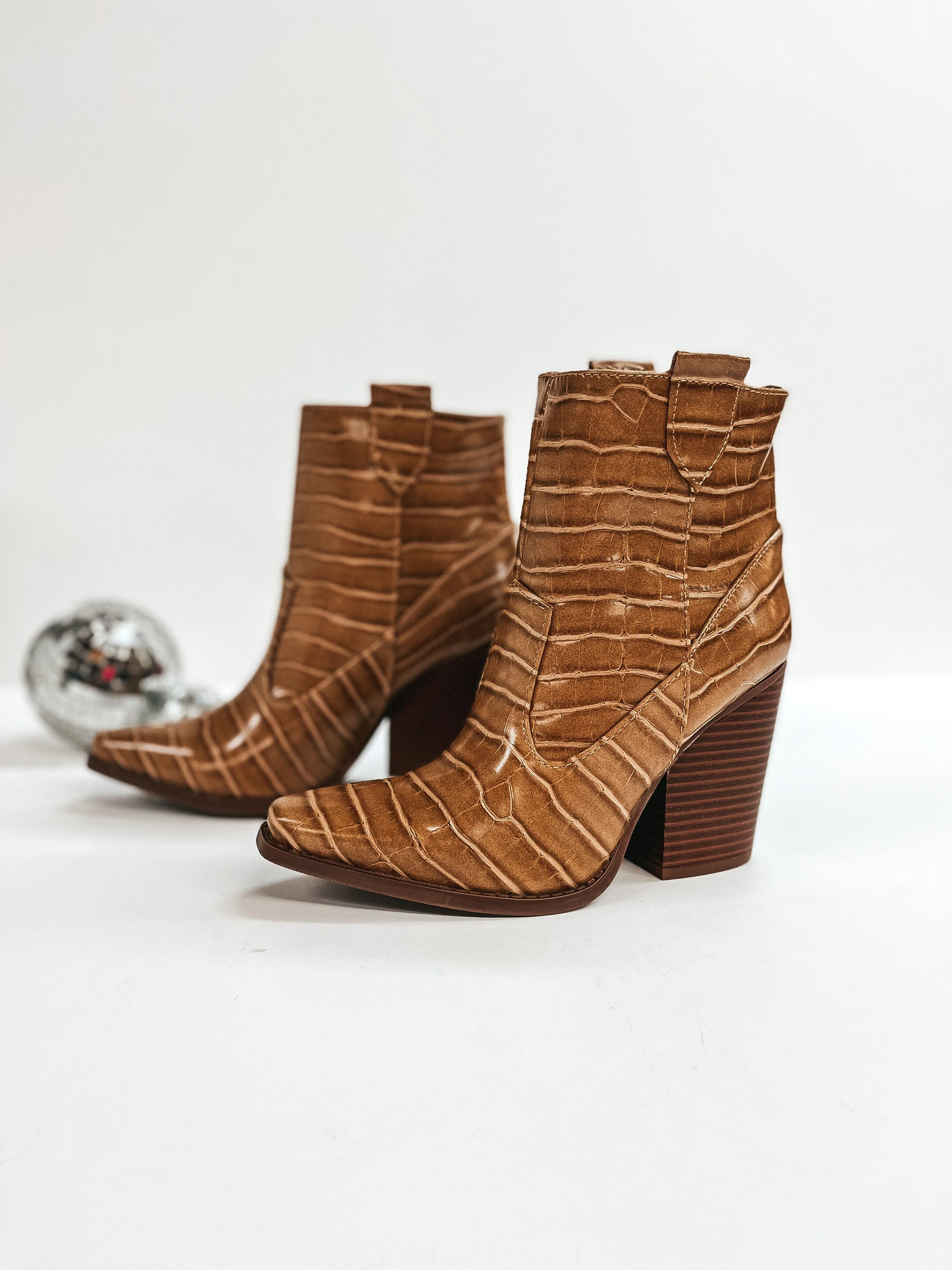 Broadway Strut Crocodile Print Heeled Ankle Booties in Caramel Brown
