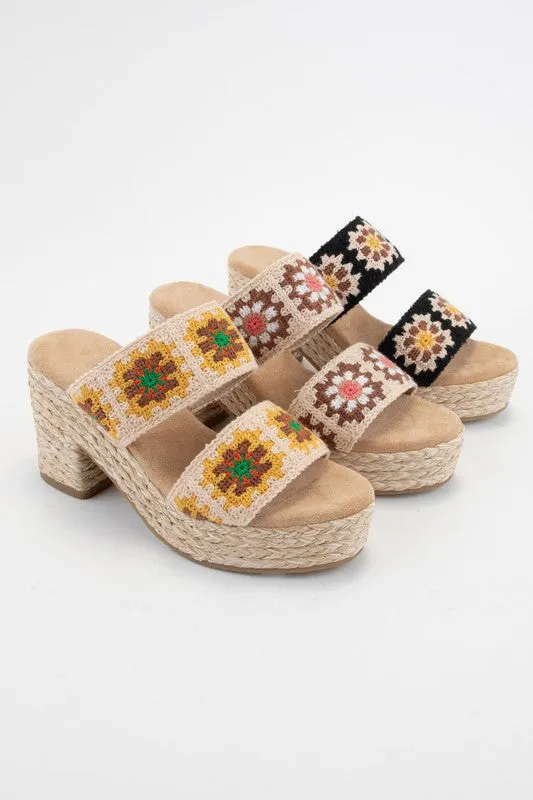 Brown Shirin Flower Crochet Double Strap Platform Heel