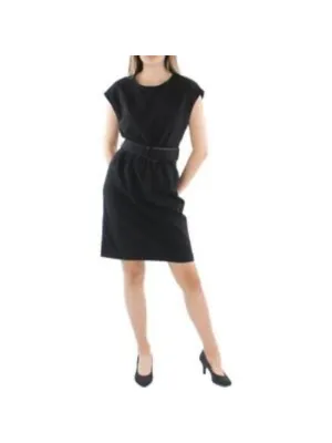 CALVIN KLEIN Womens Black Belted Zippered Unlined Gathered Cap Sleeve Round Neck Above The Knee Fit   Flare Dress