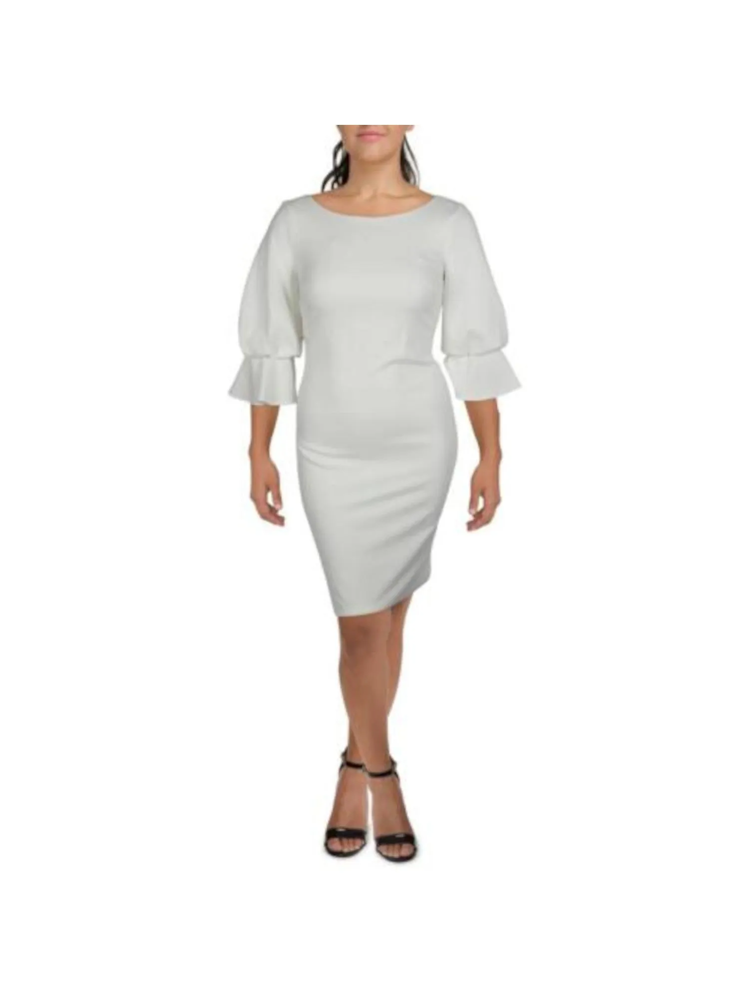 CALVIN KLEIN Womens White Zippered Lined V-back Bell Sleeve Round Neck Above The Knee Cocktail Sheath Dress