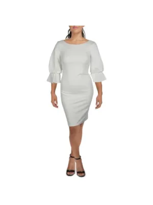 CALVIN KLEIN Womens White Zippered Lined V-back Bell Sleeve Round Neck Above The Knee Cocktail Sheath Dress