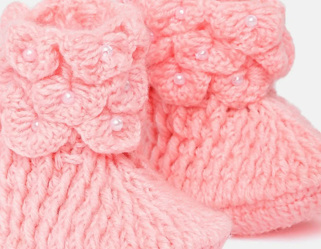 Chutput Kids Woollen Hand Knitted Self Desgin Detailed Booties - Pink