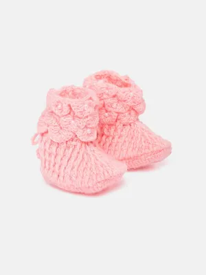 Chutput Kids Woollen Hand Knitted Self Desgin Detailed Booties - Pink
