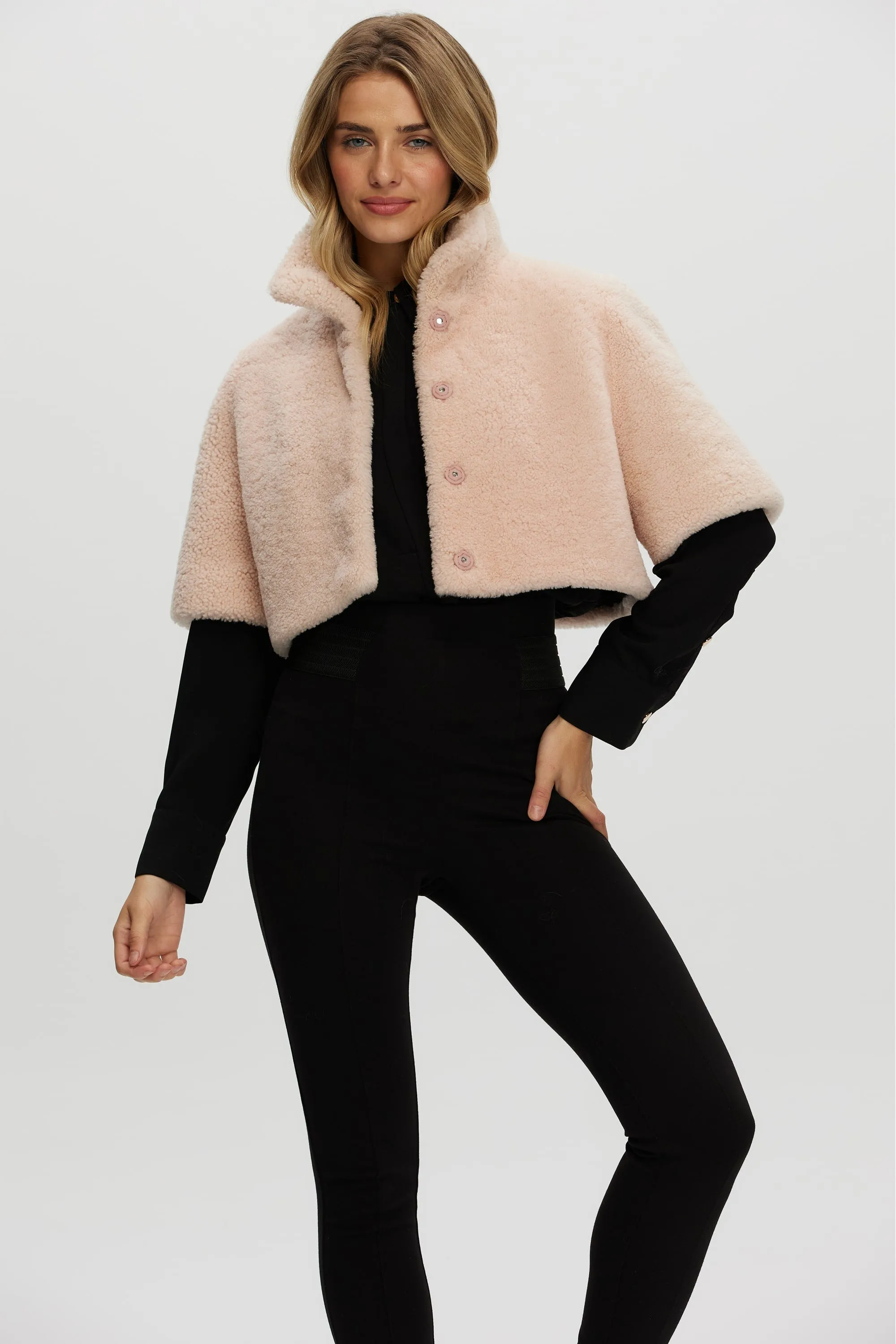 CURLY SHEARLING LAMB BOLERO, SHORT SLEEVES