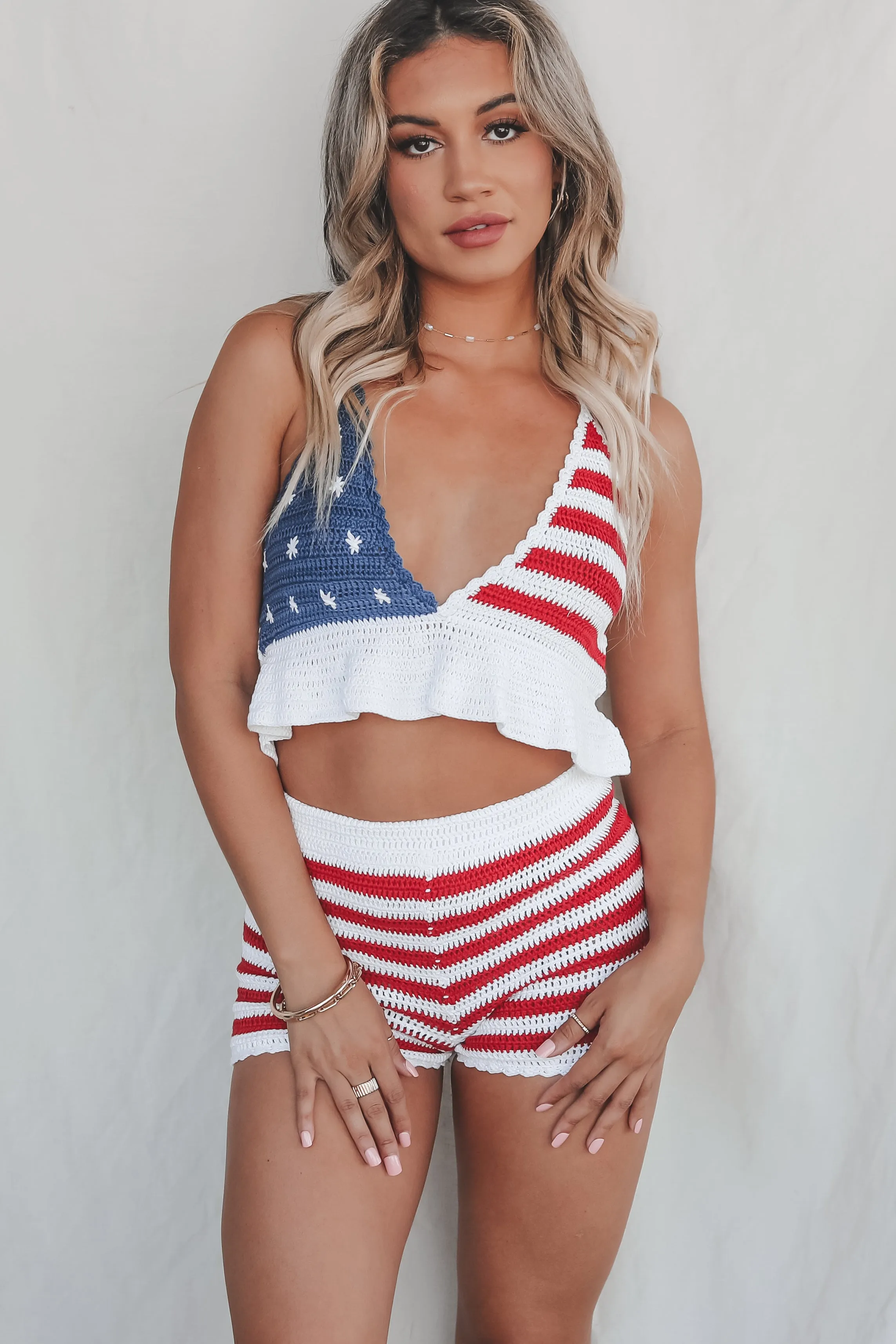DEAL The Theme Is Patriotic Striped Knit Shorts