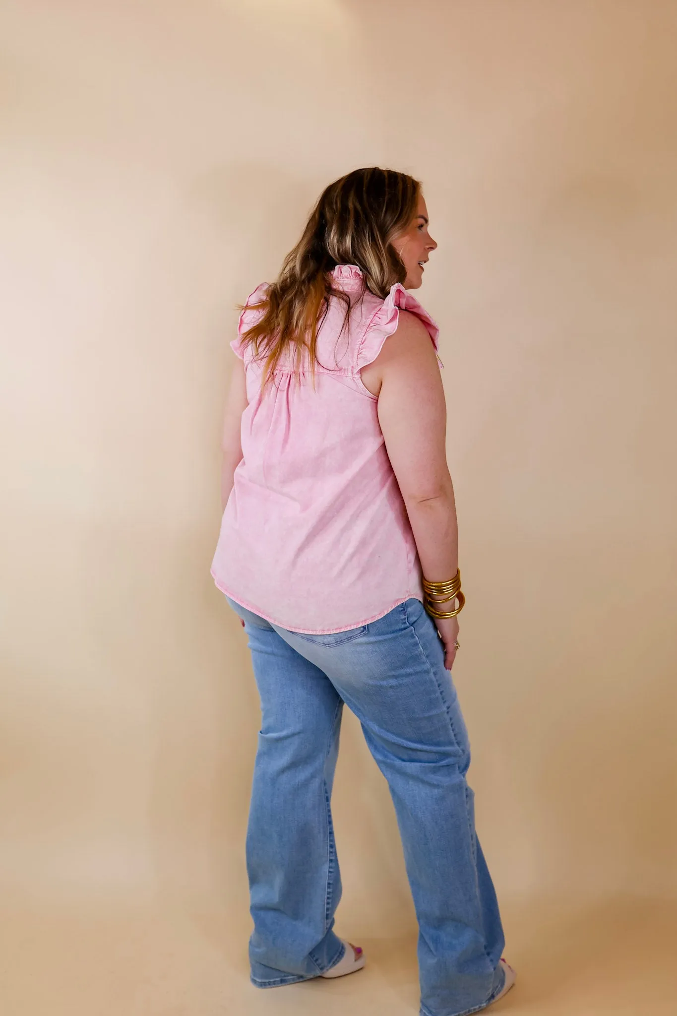 Denim Darling Button Up Ruffle Cap Sleeve Top in Light Pink