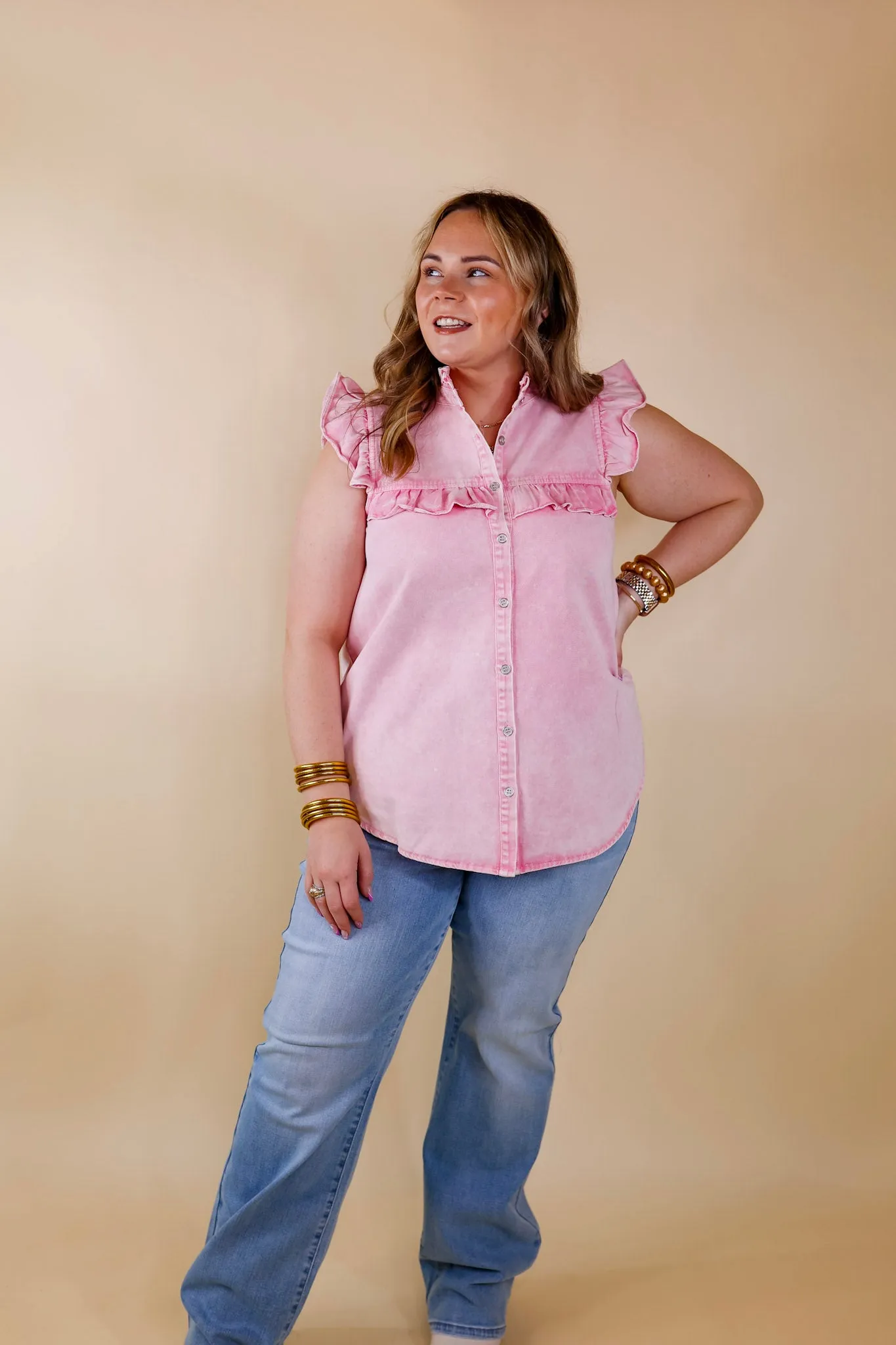 Denim Darling Button Up Ruffle Cap Sleeve Top in Light Pink