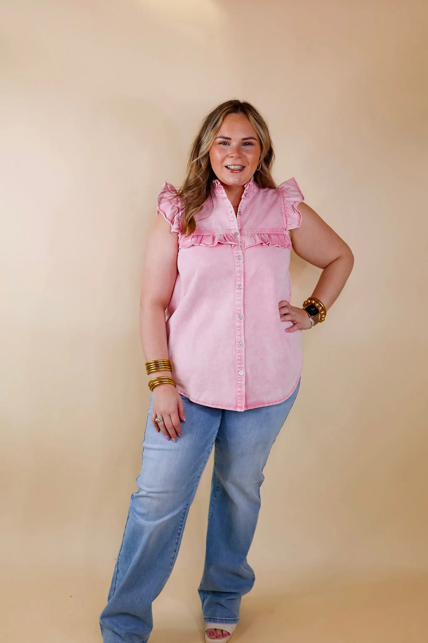 Denim Darling Button Up Ruffle Cap Sleeve Top in Light Pink