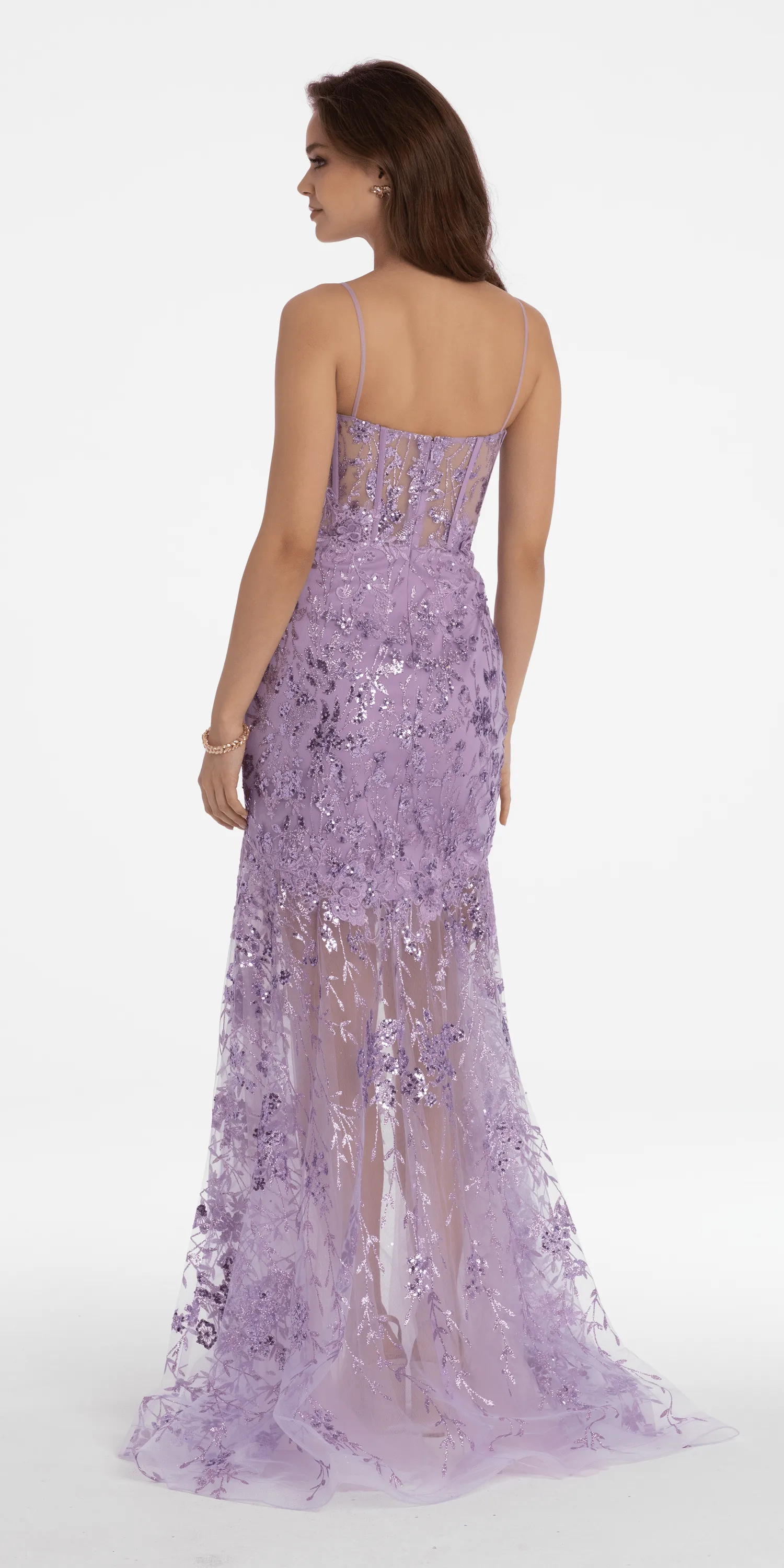 Embroidered Plunging Corset Dress with Sheer Trumpet Skirt