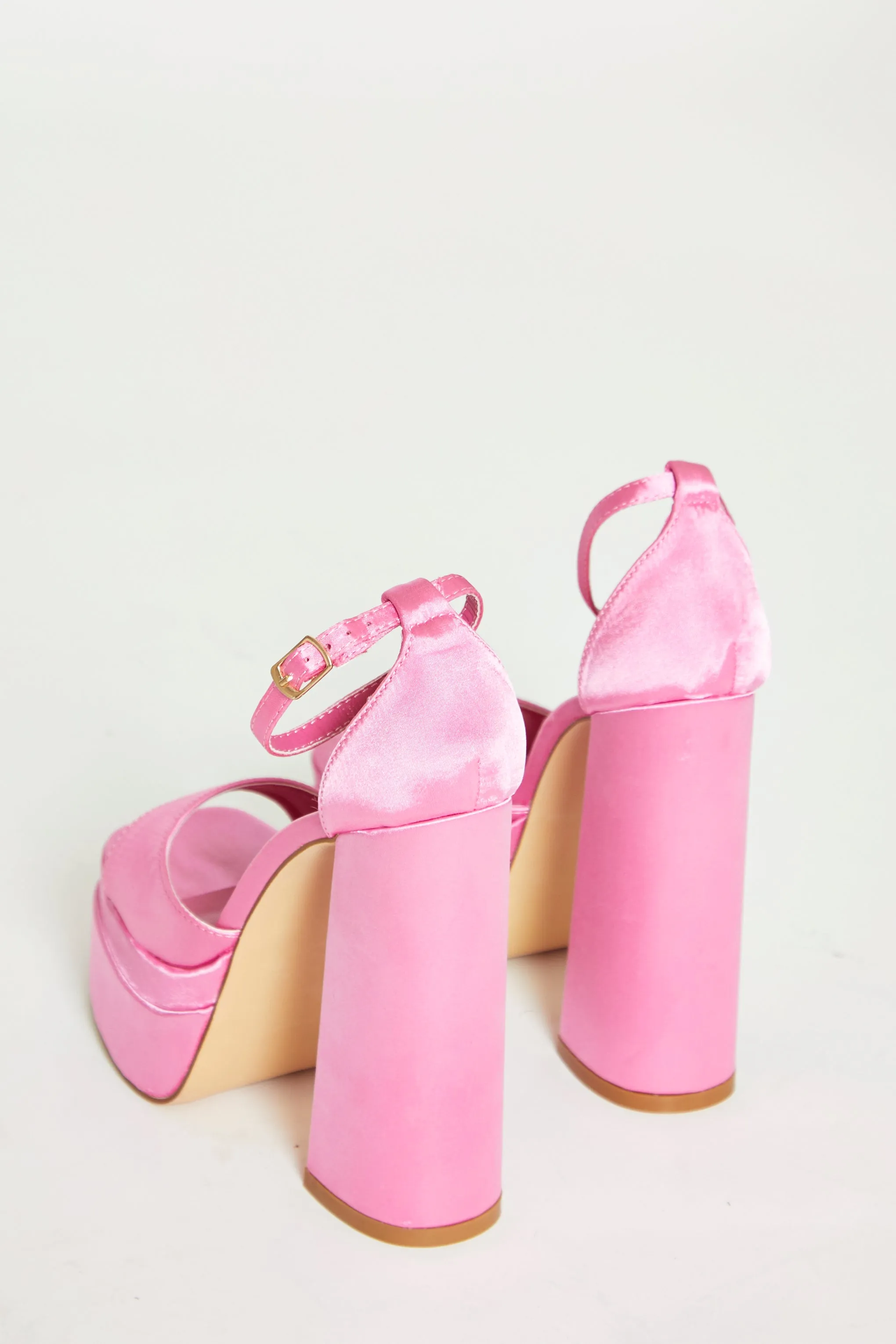 Glamorous Pink Satin Open Toe Platform Heels