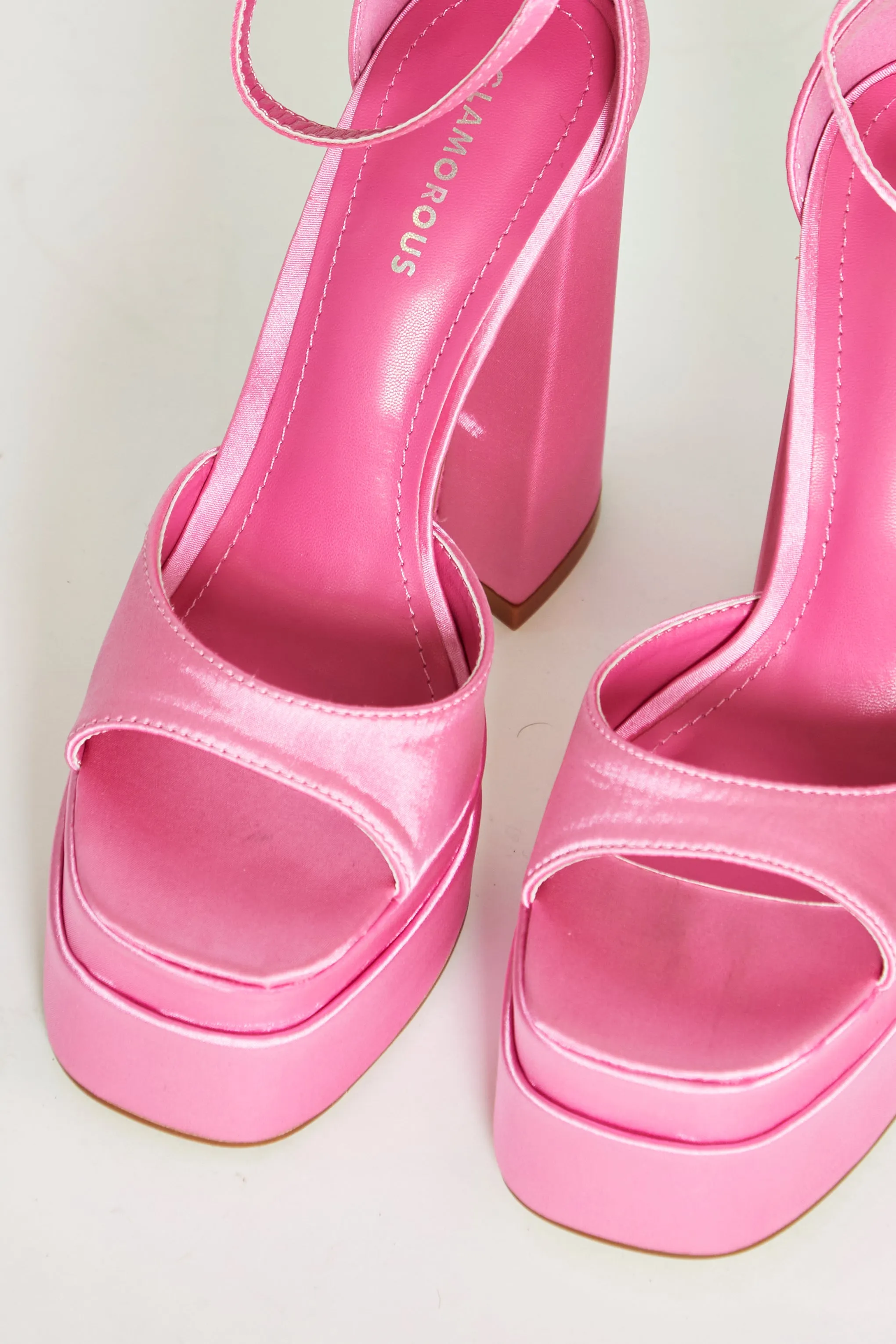 Glamorous Pink Satin Open Toe Platform Heels