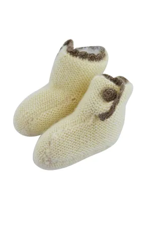 Ivory Baby Alpaca Booties with Brown Trim