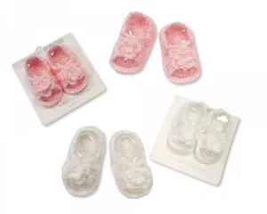 Knitted Baby Booties - Pink and White-343