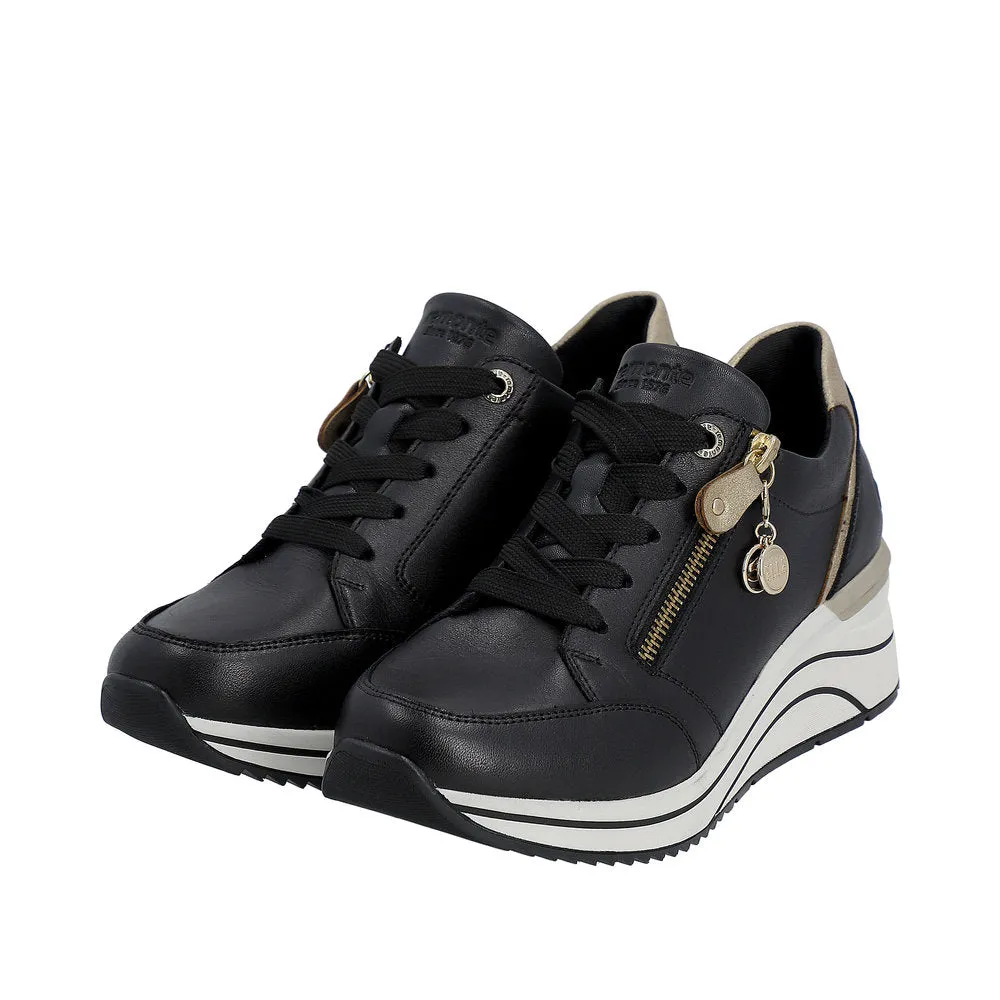 Ladies Lace Up Trainers Sneakers Black Zip Wedge D0T03-01 sale