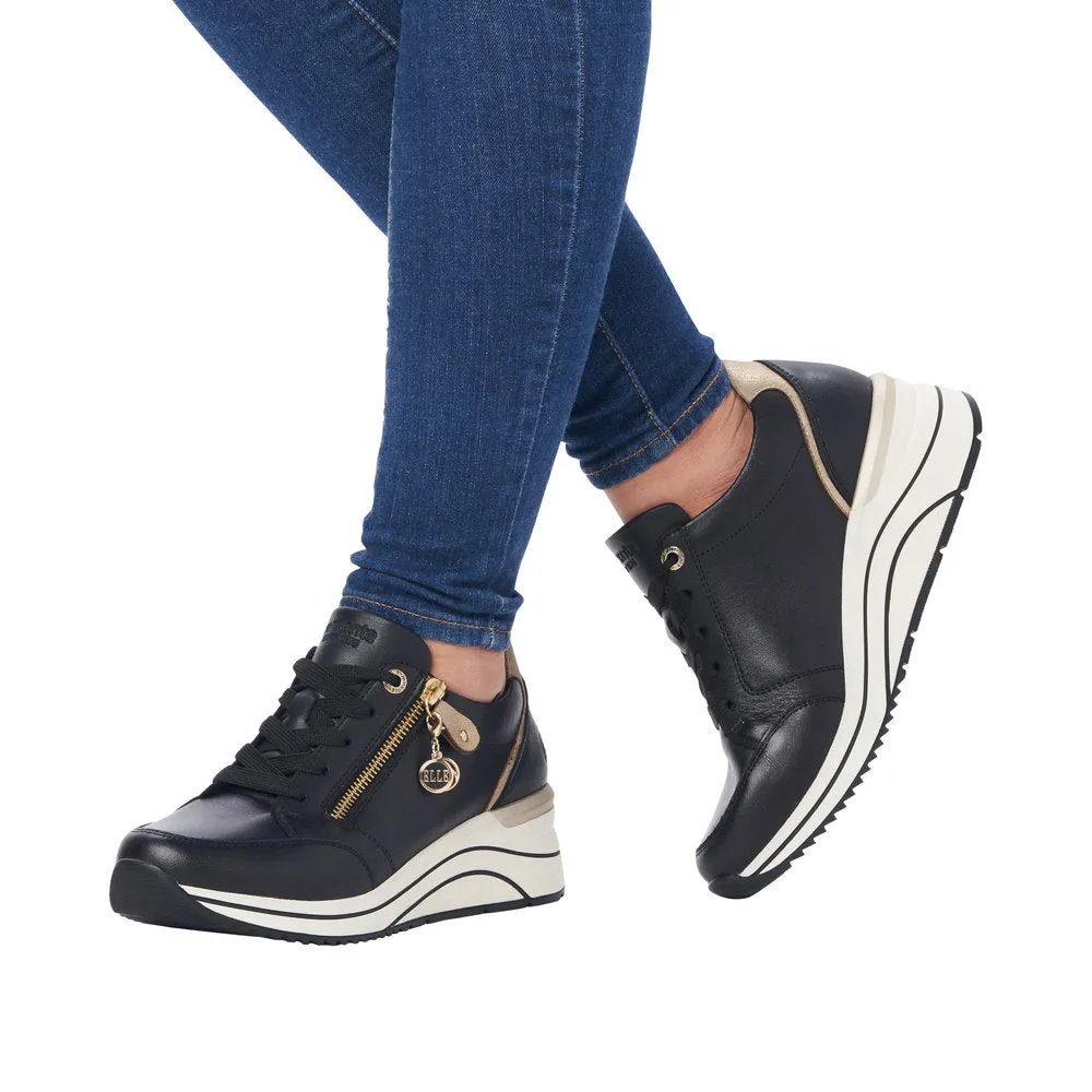Ladies Lace Up Trainers Sneakers Black Zip Wedge D0T03-01 sale