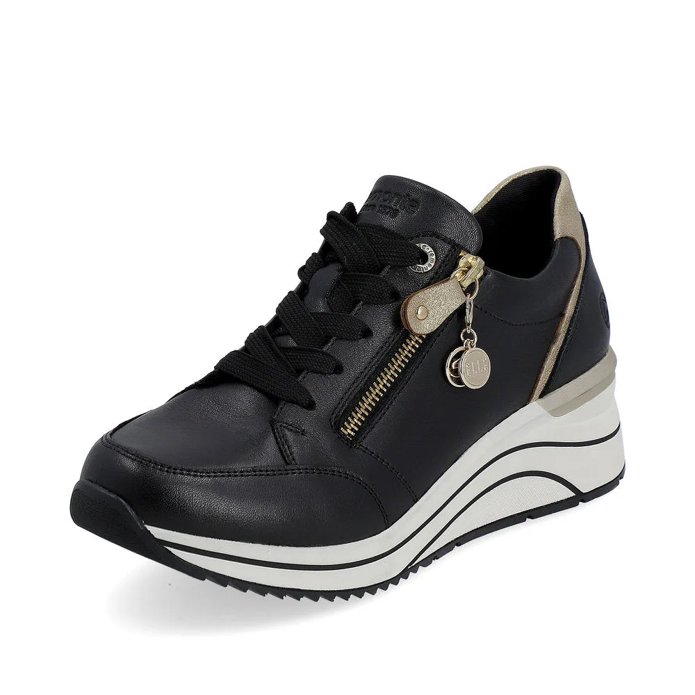 Ladies Lace Up Trainers Sneakers Black Zip Wedge D0T03-01 sale