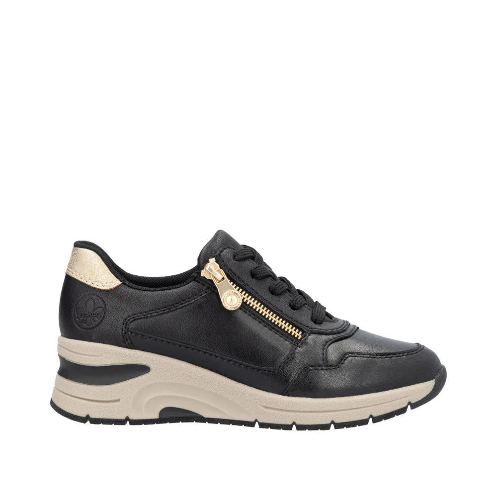 Ladies Lace Up Trainers Sneakers Rieker Black Zip Wedge N9301-00 sale