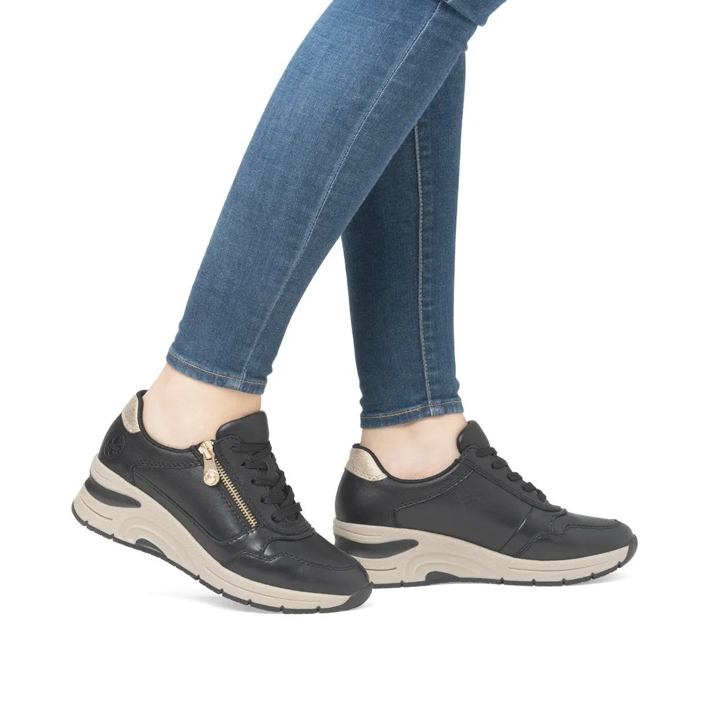 Ladies Lace Up Trainers Sneakers Rieker Black Zip Wedge N9301-00 sale