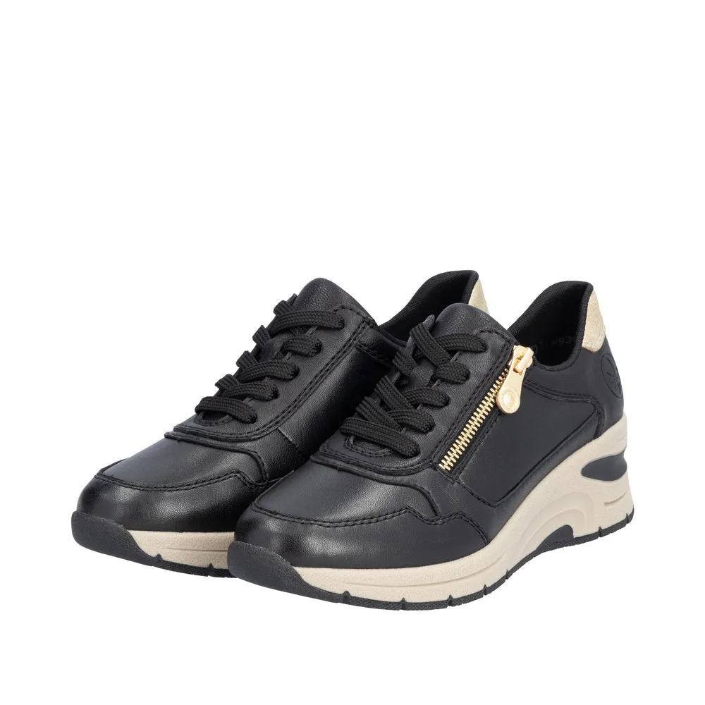 Ladies Lace Up Trainers Sneakers Rieker Black Zip Wedge N9301-00 sale