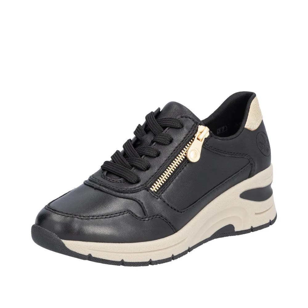 Ladies Lace Up Trainers Sneakers Rieker Black Zip Wedge N9301-00 sale
