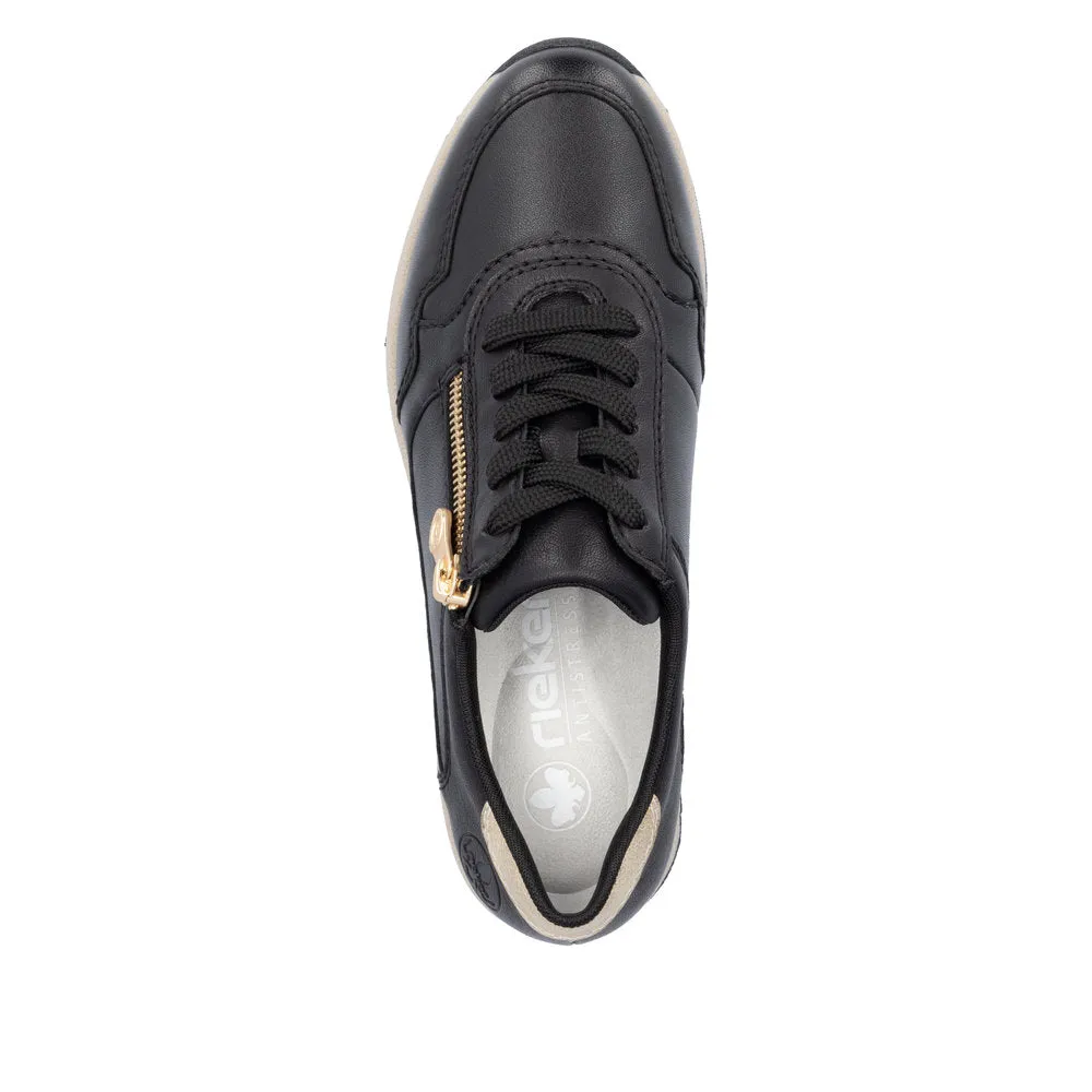 Ladies Lace Up Trainers Sneakers Rieker Black Zip Wedge N9301-00 sale