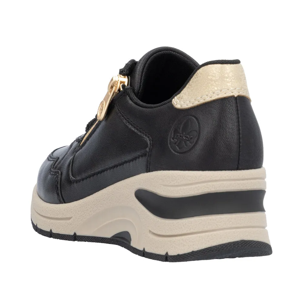 Ladies Lace Up Trainers Sneakers Rieker Black Zip Wedge N9301-00 sale