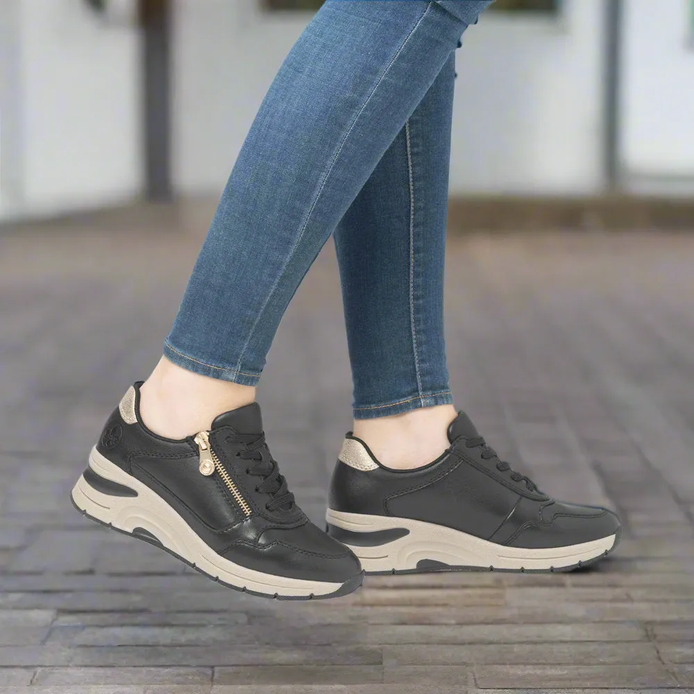 Ladies Lace Up Trainers Sneakers Rieker Black Zip Wedge N9301-00 sale