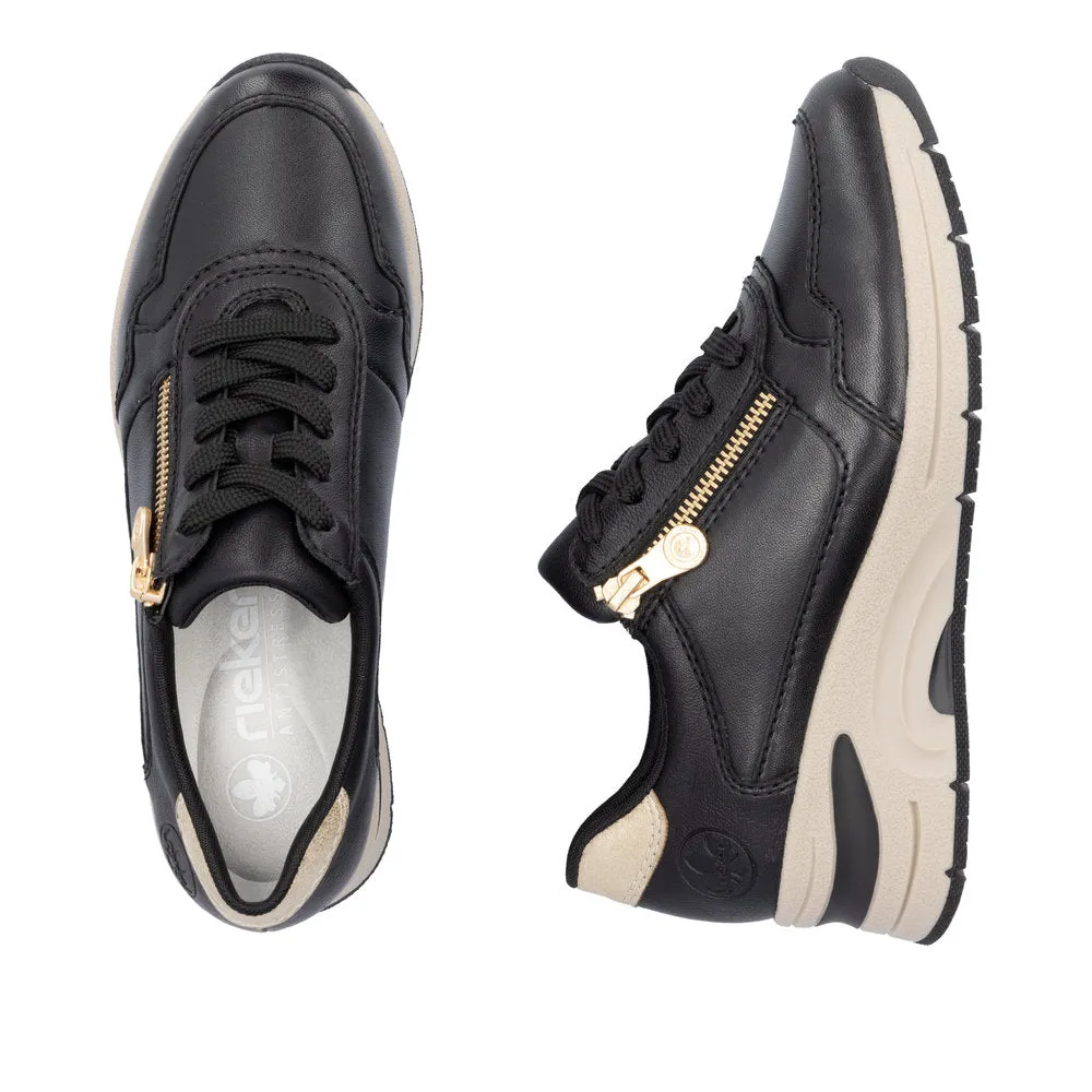 Ladies Lace Up Trainers Sneakers Rieker Black Zip Wedge N9301-00 sale