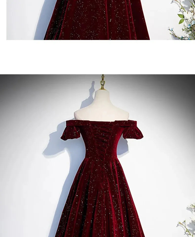Lady Eloise's Wine Red Velvet Evening Gown Custom Made Formal Dress