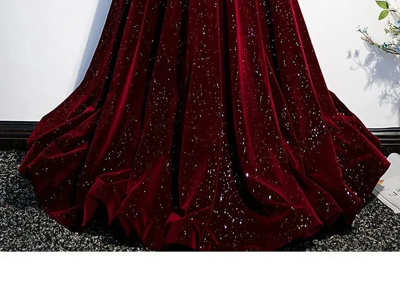 Lady Eloise's Wine Red Velvet Evening Gown Custom Made Formal Dress