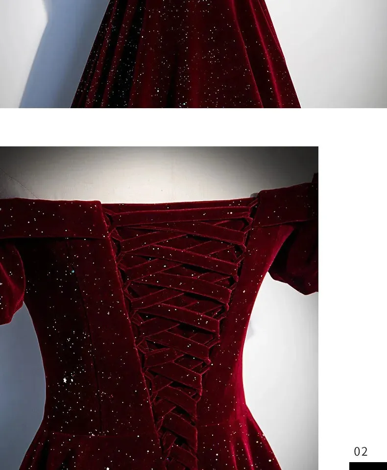 Lady Eloise's Wine Red Velvet Evening Gown Custom Made Formal Dress