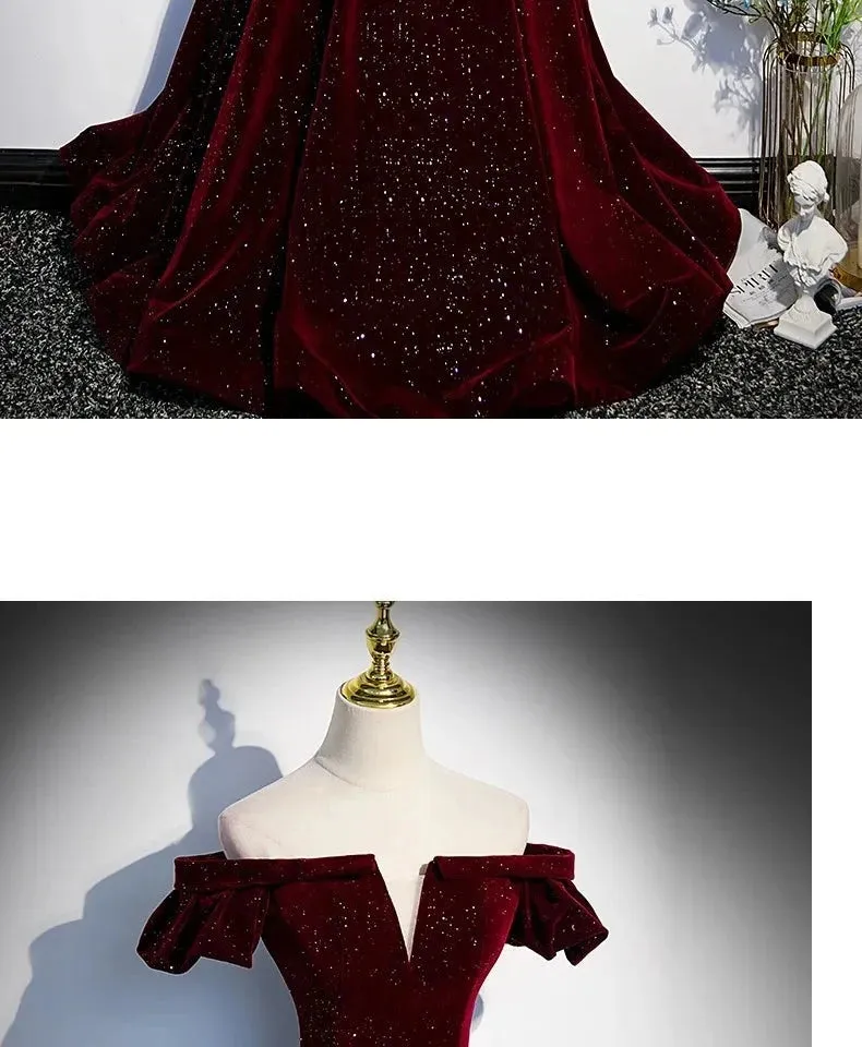 Lady Eloise's Wine Red Velvet Evening Gown Custom Made Formal Dress