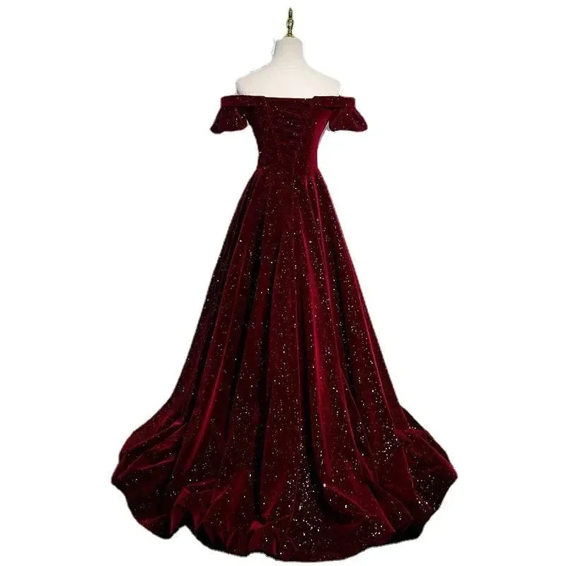 Lady Eloise's Wine Red Velvet Evening Gown Custom Made Formal Dress