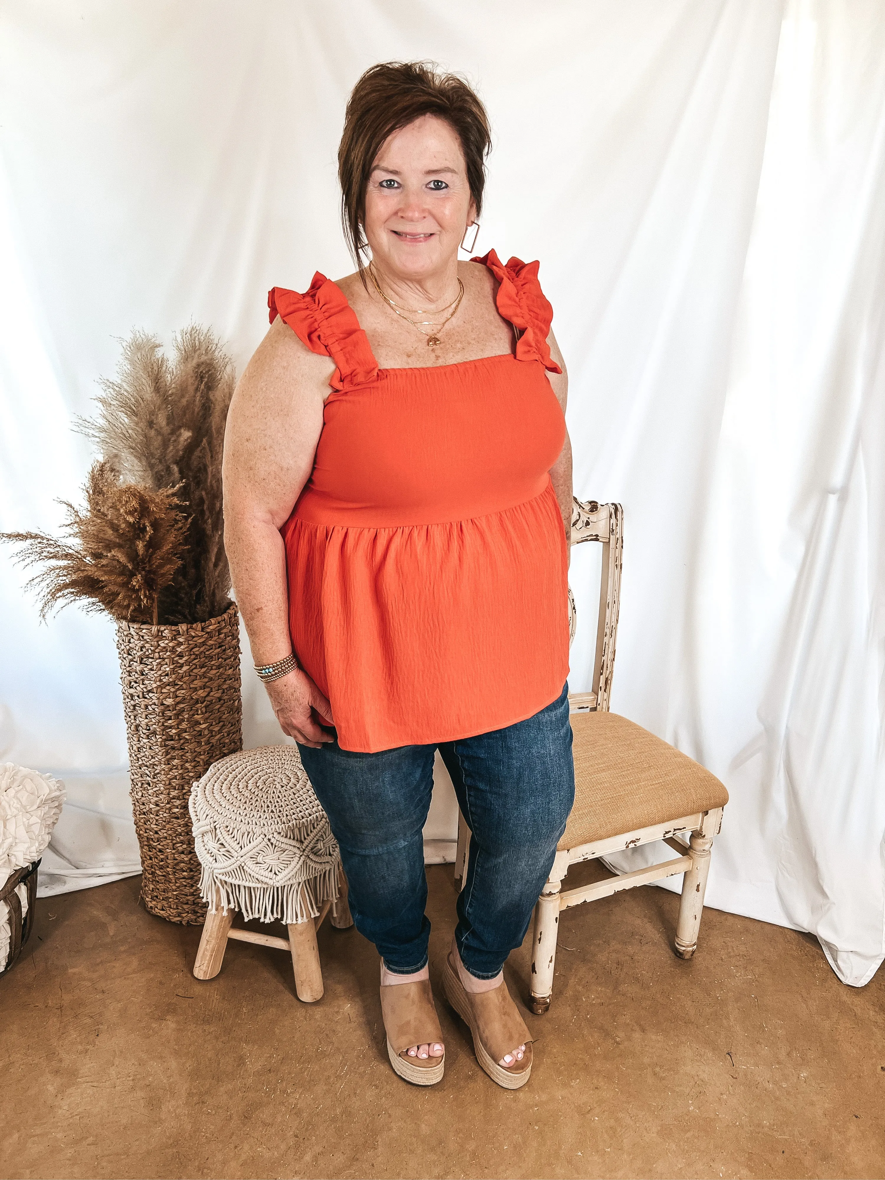 Last Chance Size 3XL | Instant Confidence Ruffle Strap Babydoll Tank Top in Coral Orange