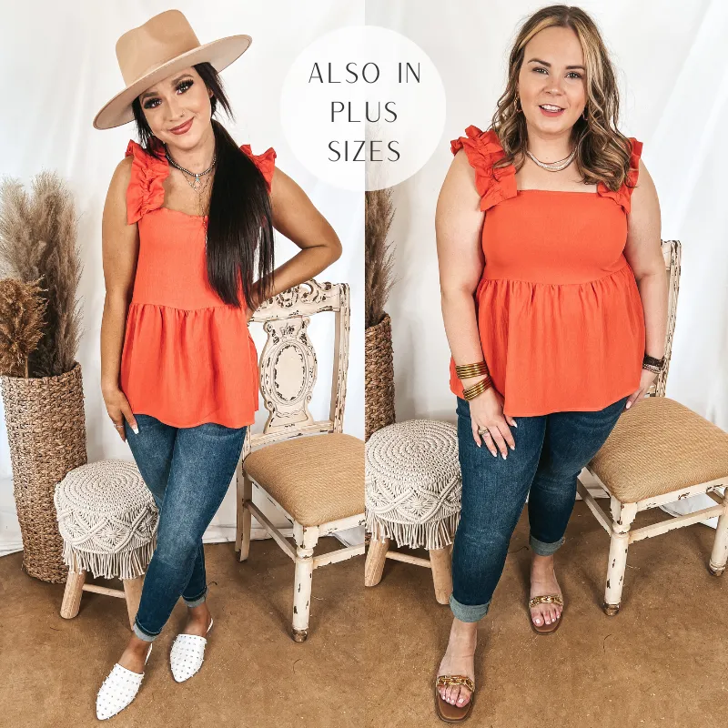 Last Chance Size 3XL | Instant Confidence Ruffle Strap Babydoll Tank Top in Coral Orange